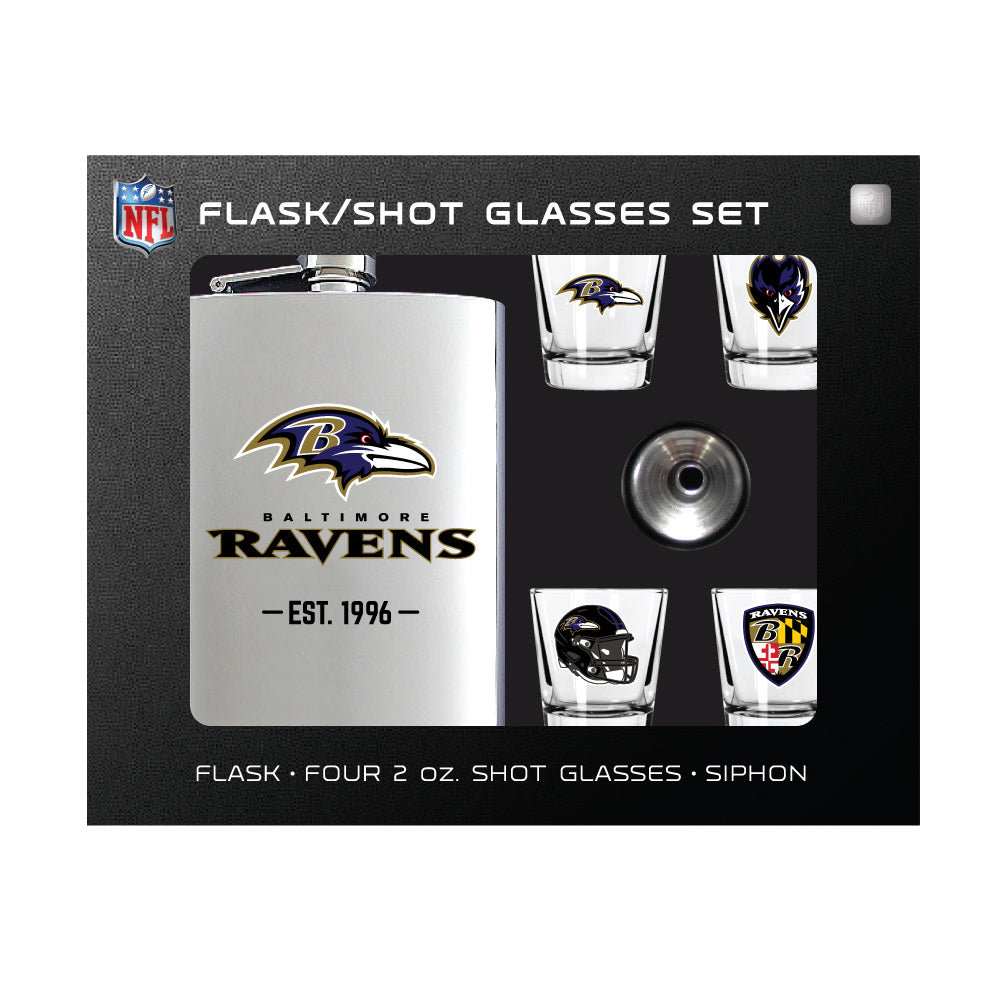 Baltimore Ravens Flask Gift Set - 1 Flask and 4 Shot Glasses