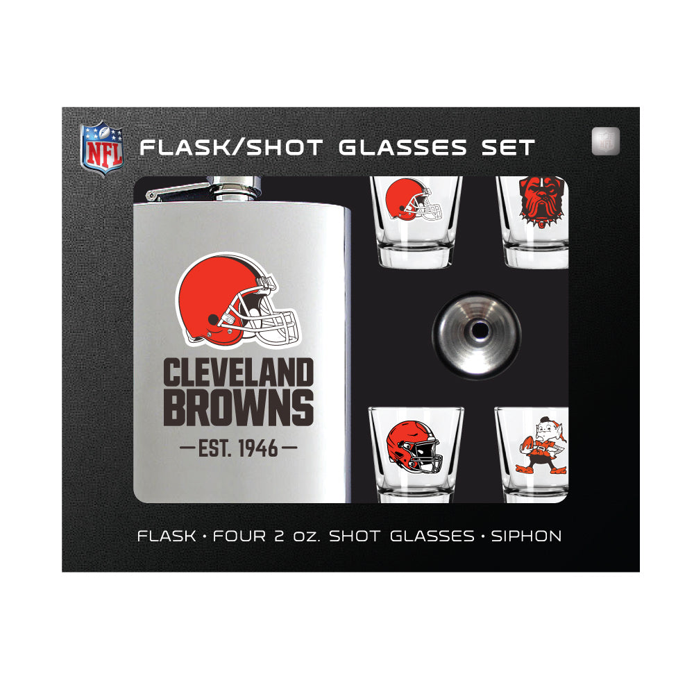 Cleveland Browns Flask Gift Set - 1 Flask and 4 Shot Glasses