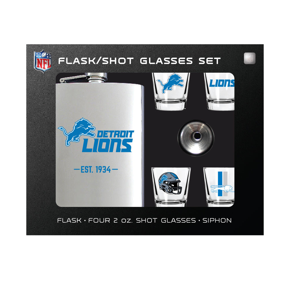 Detroit Lions Flask Gift Set - 1 Flask and 4 Shot Glasses