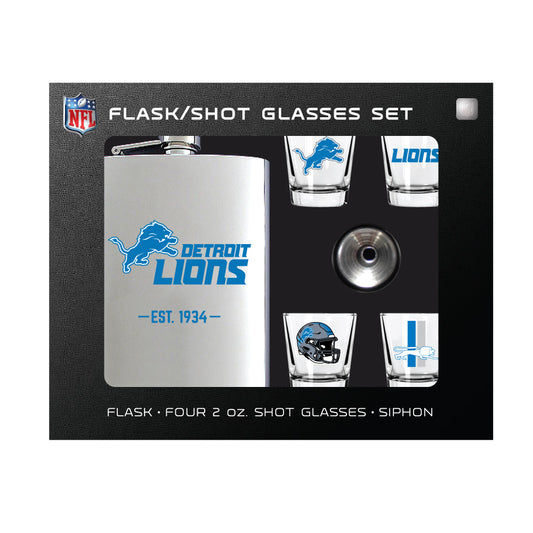 Detroit Lions Flask Gift Set - 1 Flask and 4 Shot Glasses