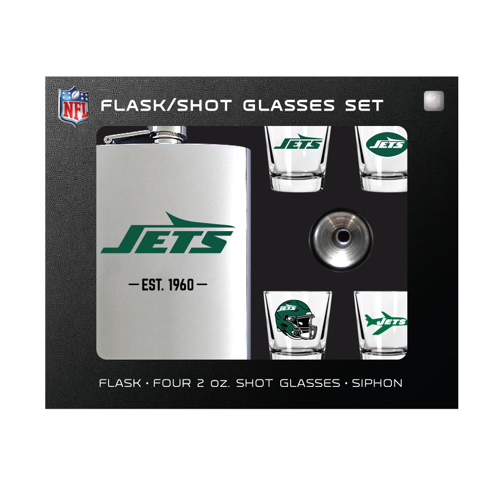 New York Jets Flask Gift Set - 1 Flask and 4 Shot Glasses