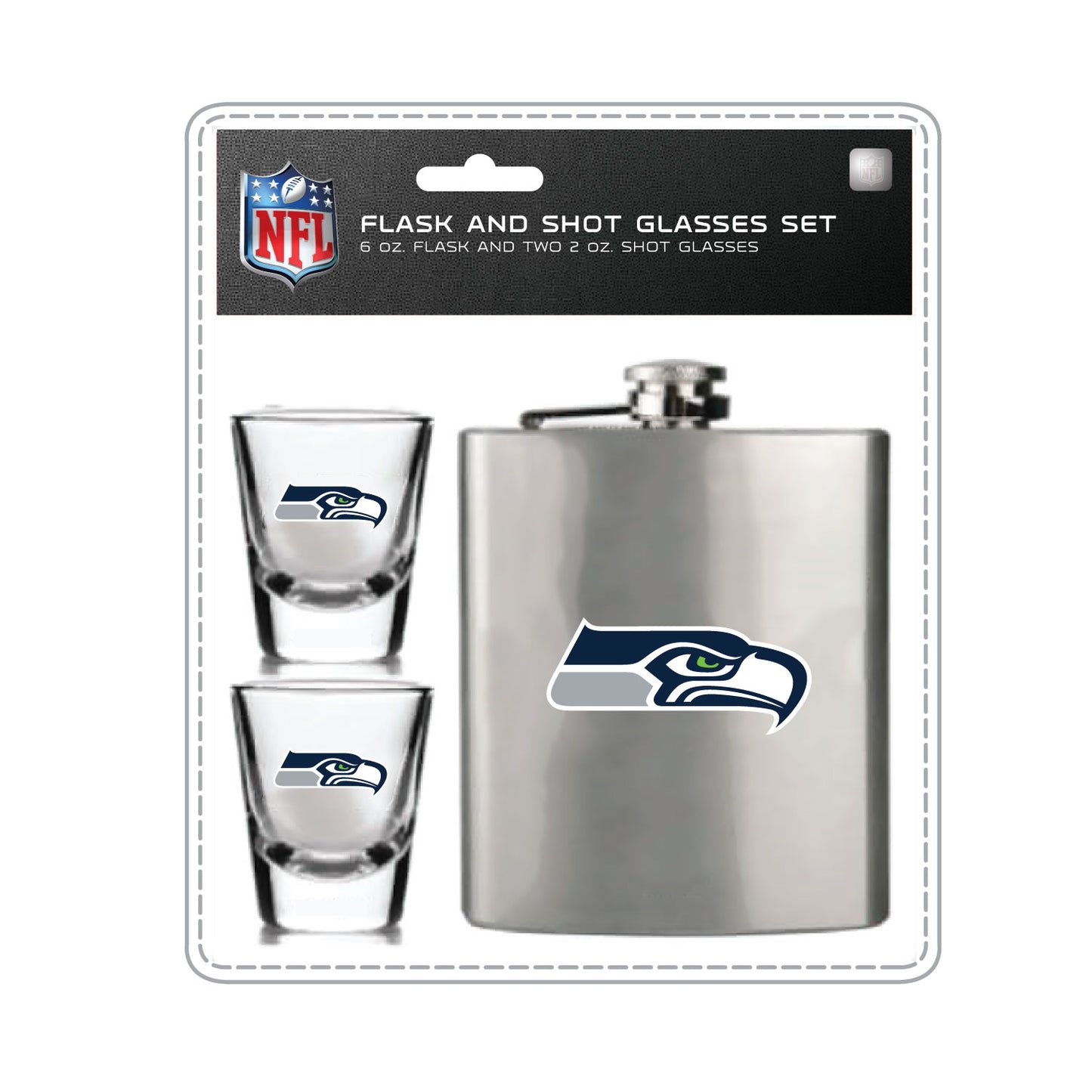 Seattle Seahawks Flask Set - 1 Flask and 2 Shot Glass Sets
