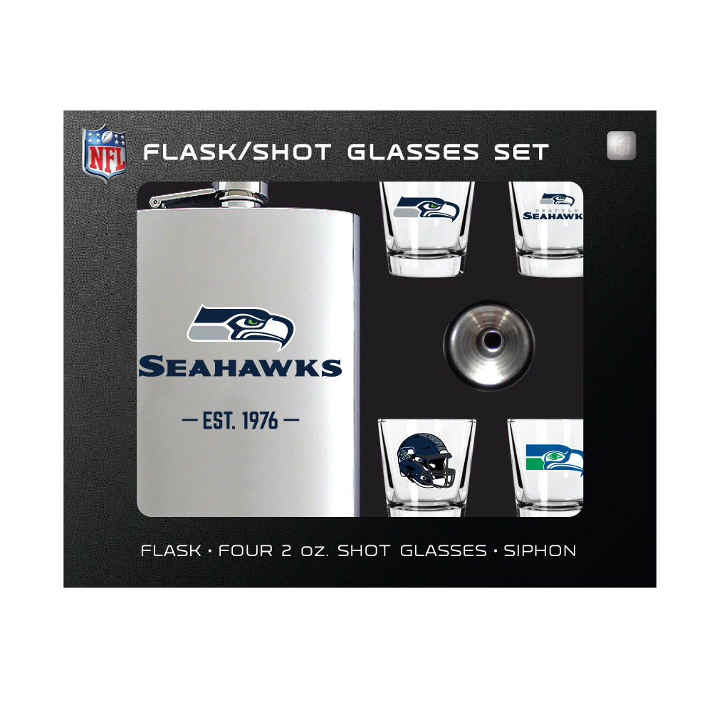 Seattle Seahawks Flask Gift Set - 1 Flask and 4 Shot Glasses