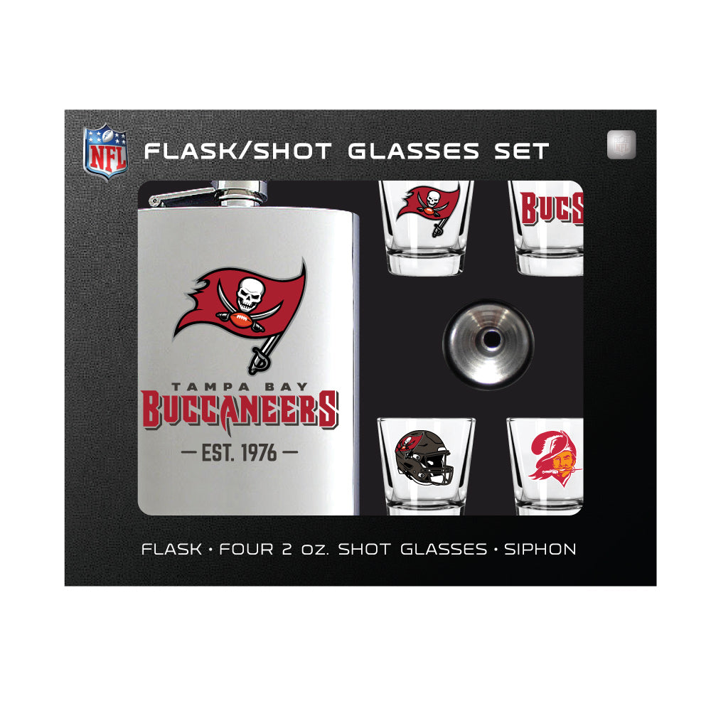 Tampa Bay Buccaneers Flask Gift Set - 1 Flask and 4 Shot Glasses
