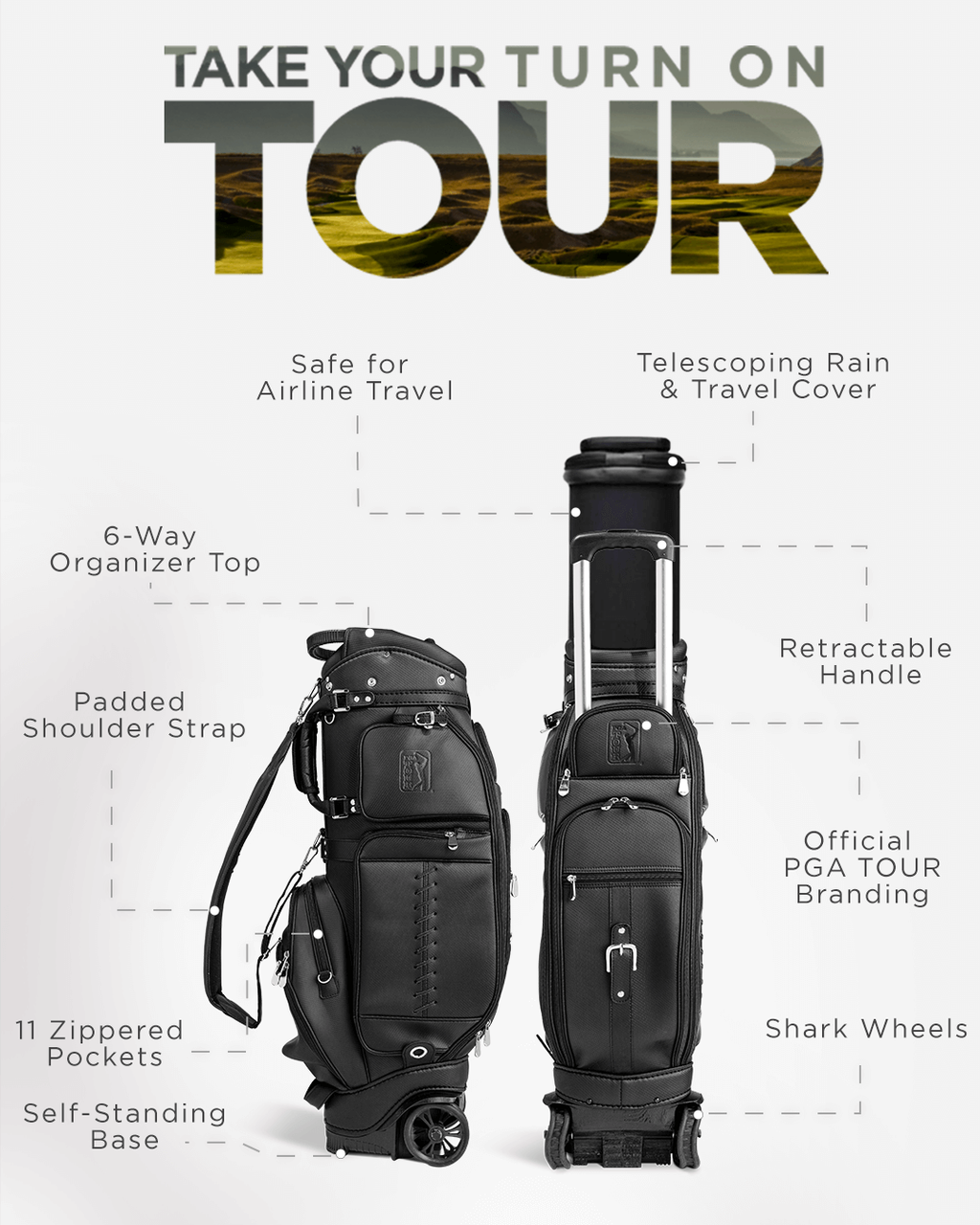 PGA Tour Golf Bag Black with Travel Cover and Shark Wheels
