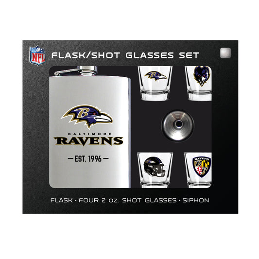 Baltimore Ravens Flask Gift Set - 1 Flask and 4 Shot Glasses
