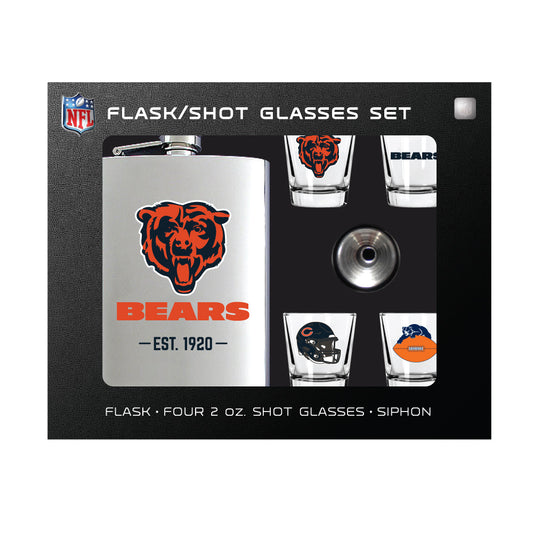 Chicago Bears Flask Gift Set - 1 Flask and 4 Shot Glasses