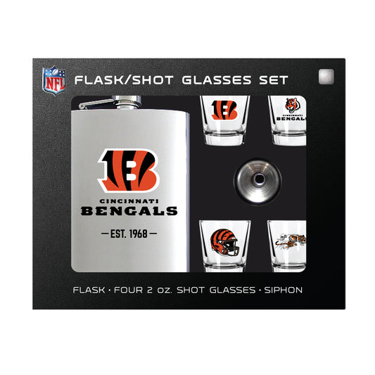 Cincinnati Bengals Flask Gift Set - 1 Flask and 4 Shot Glasses