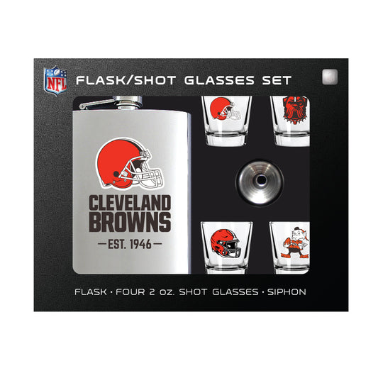 Cleveland Browns Flask Gift Set - 1 Flask and 4 Shot Glasses