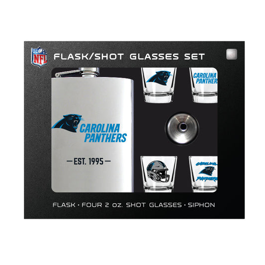 Carolina Panthers Flask Gift Set - 1 Flask and 4 Shot Glasses