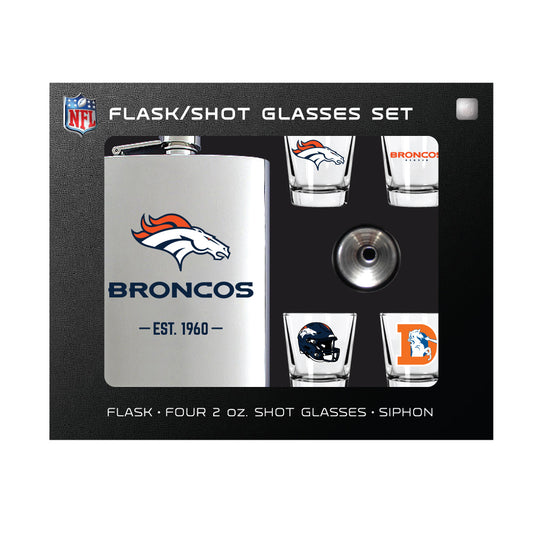 Denver Broncos Flask Gift Set - 1 Flask and 4 Shot Glasses