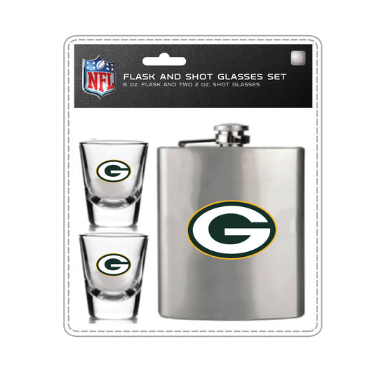 Green Bay Packers Flask Set - 1 Flask and 2 Shot Glass Set