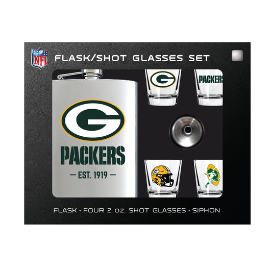 Green Bay Packers Flask Gift Set - 1 Flask and 4 Shot Glasses