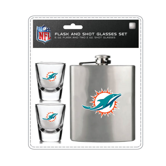 Miami Dolphins Flask Set - 1 Flask and 2 Shot Glass Set