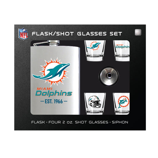 Miami Dolphins Flask Gift Set - 1 Flask and 4 Shot Glasses
