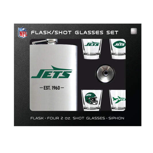 New York Jets Flask Gift Set - 1 Flask and 4 Shot Glasses
