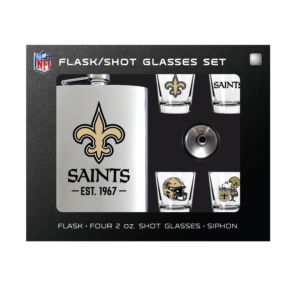 New Orleans Saints Flask Gift Set - 1 Flask and 4 Shot Glasses
