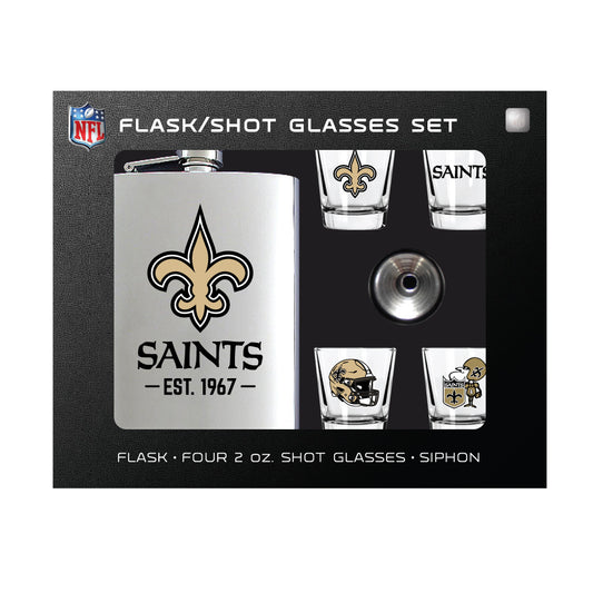 New Orleans Saints Flask Gift Set - 1 Flask and 4 Shot Glasses