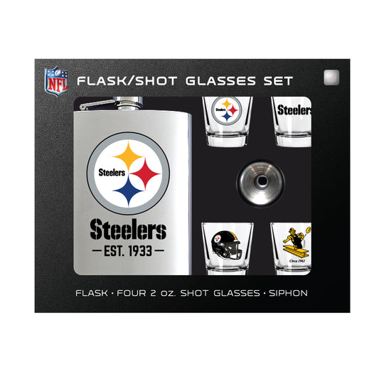Pittsburgh Steelers Flask Gift Set - 1 Flask and 4 Shot Glasses
