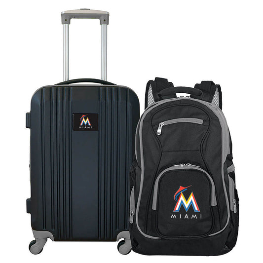 Miami Marlins 2 Piece Premium Colored Trim Backpack and Luggage Set